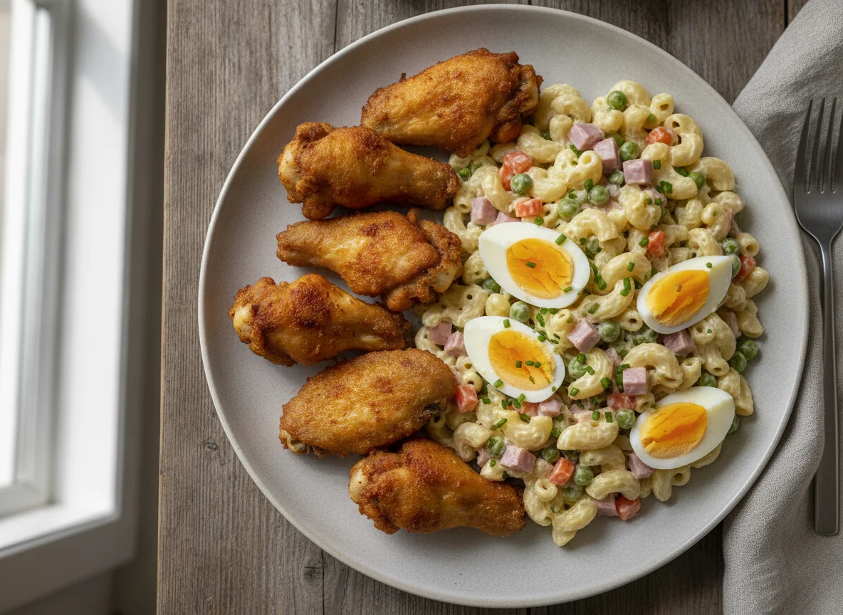 Hähnchenflügel mit Nudelsalat photo