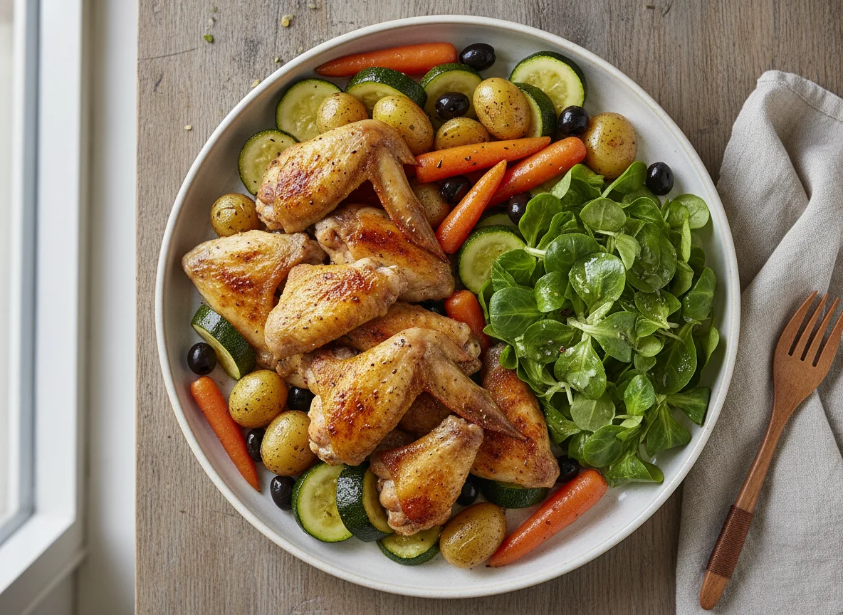 Hähnchenflügel mit Ofengemüse und Feldsalat photo