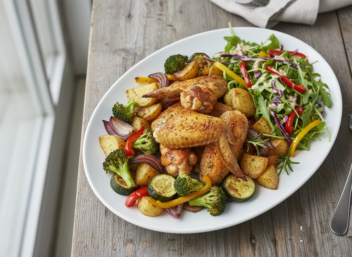Hähnchenflügel mit Ofengemüse und Salat photo