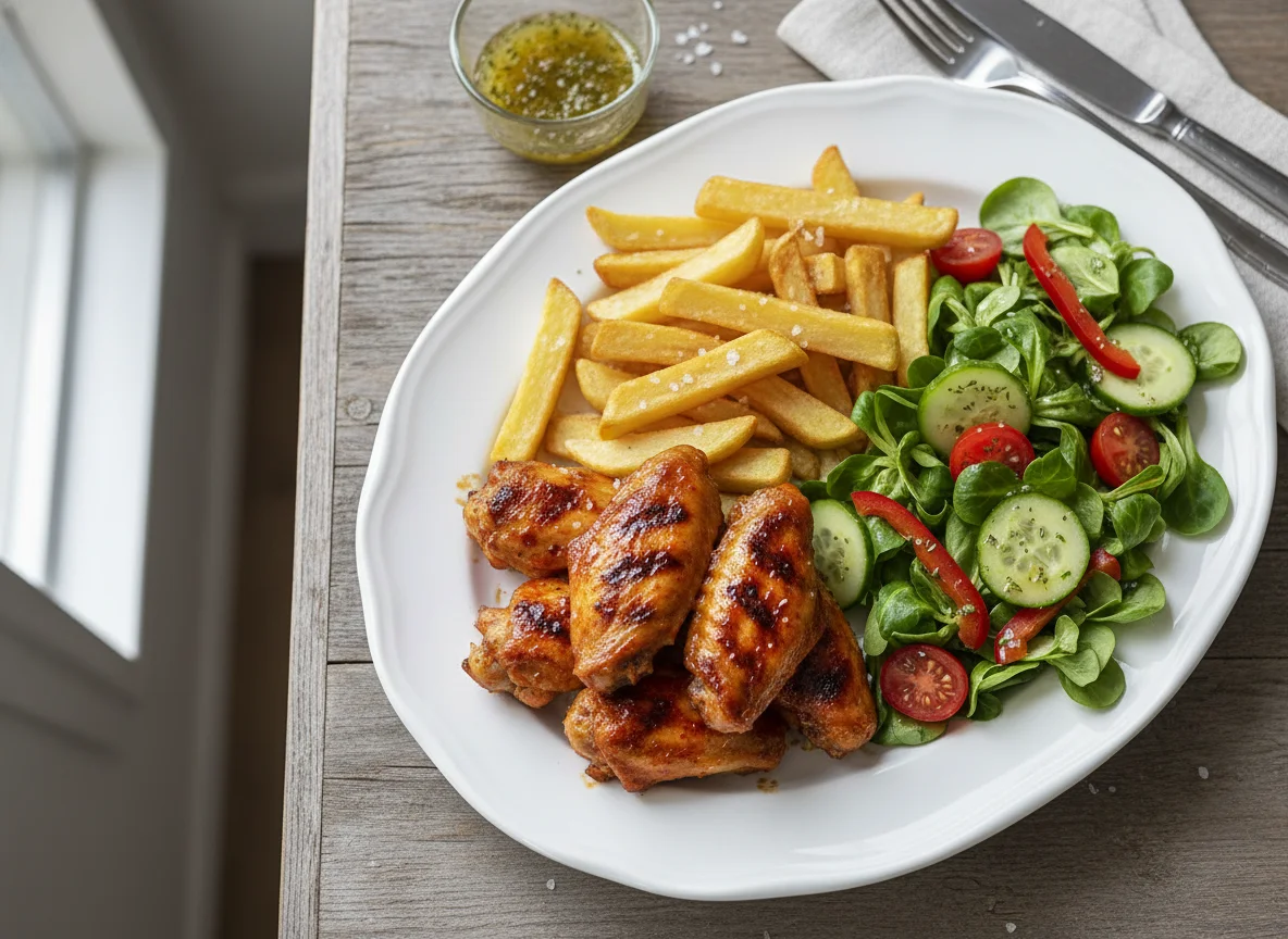 Hähnchenflügel mit Pommes und Salat photo