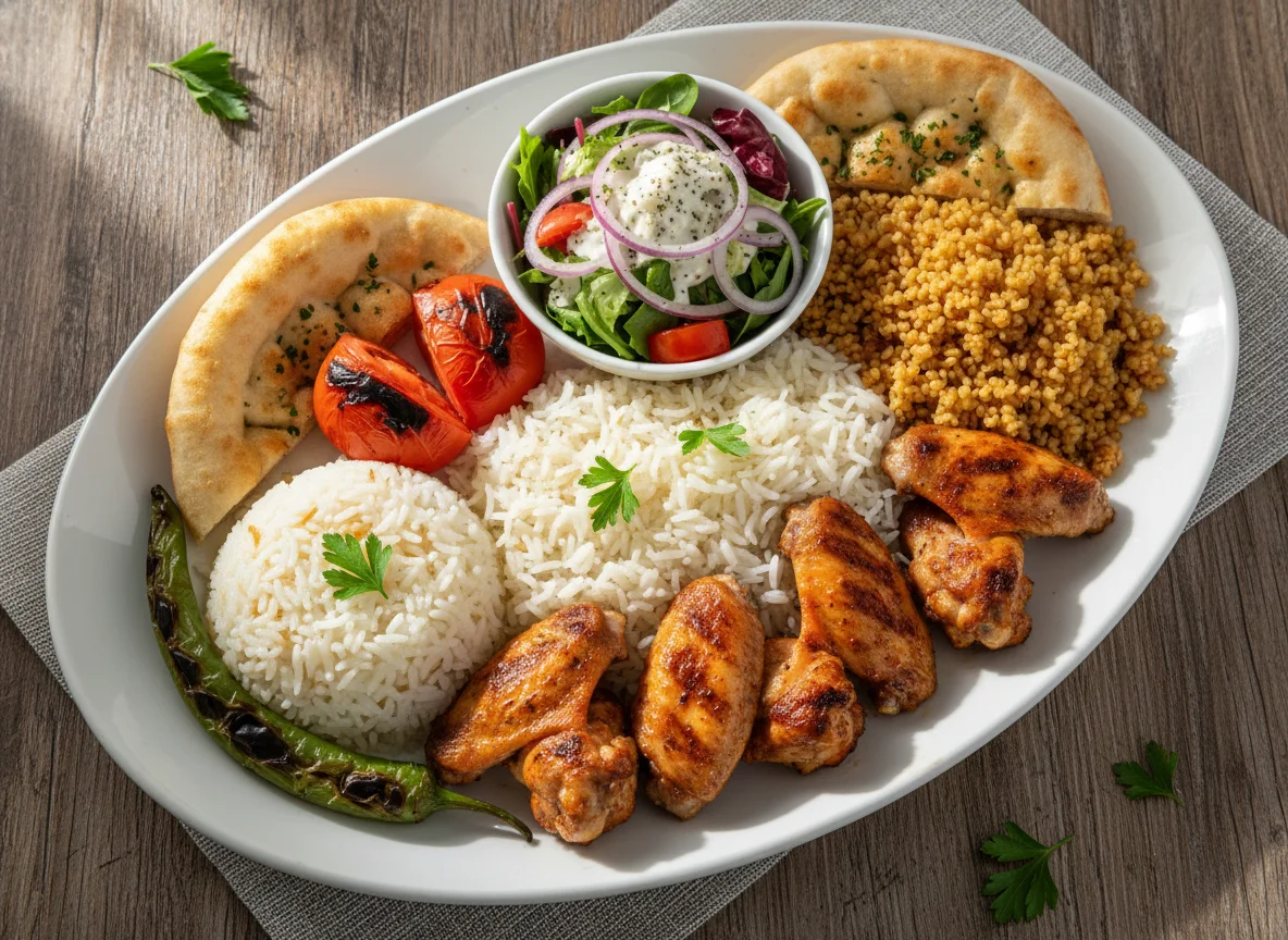 Hähnchenflügel mit Reis, Bulgur und Beilagen photo