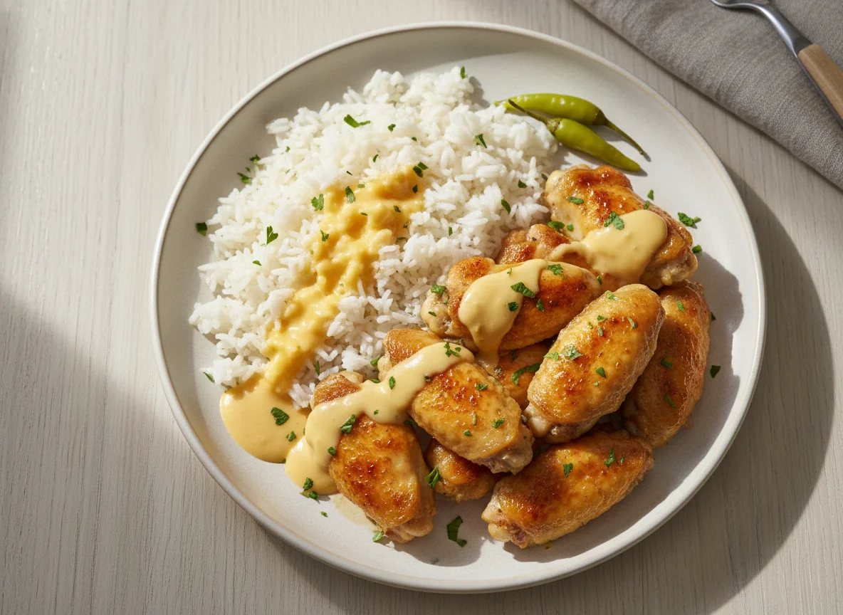 Hähnchenflügel mit Reis photo