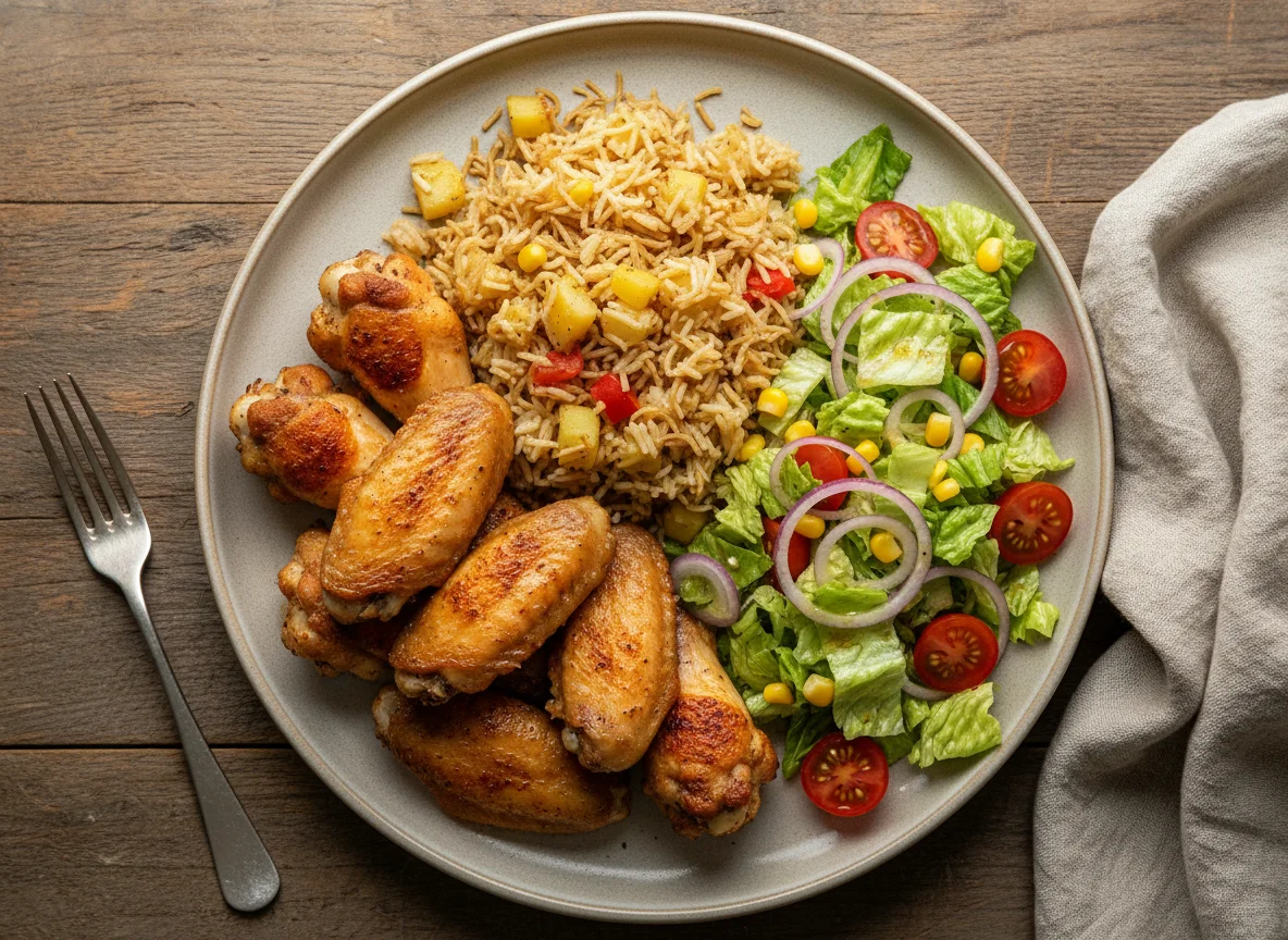 Hähnchenflügel mit Reis und gemischtem Salat photo