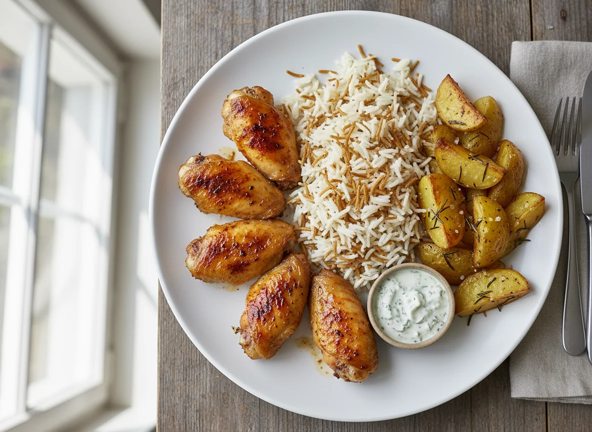 Hähnchenflügel mit Reis und Kartoffeln photo
