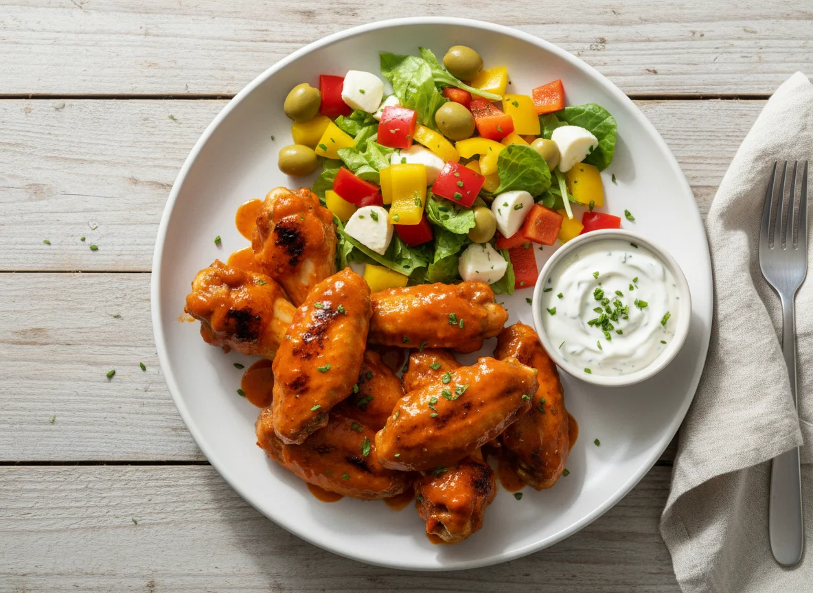 Hähnchenflügel mit Salat und Dip photo