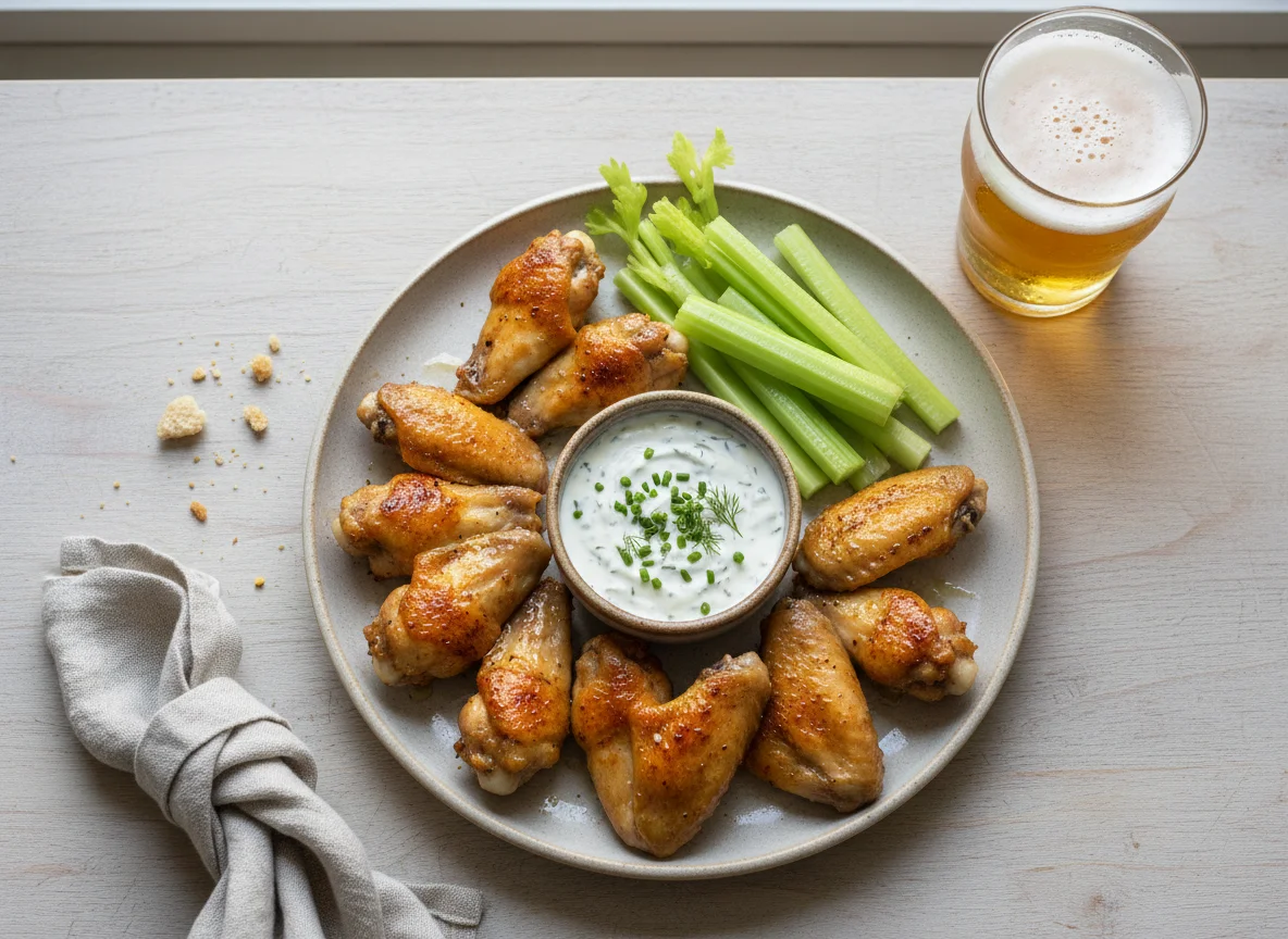 Hähnchenflügel mit Sellerie und Dip photo