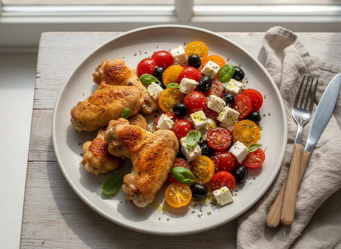 Hähnchenflügel mit Tomaten-Feta-Salat photo