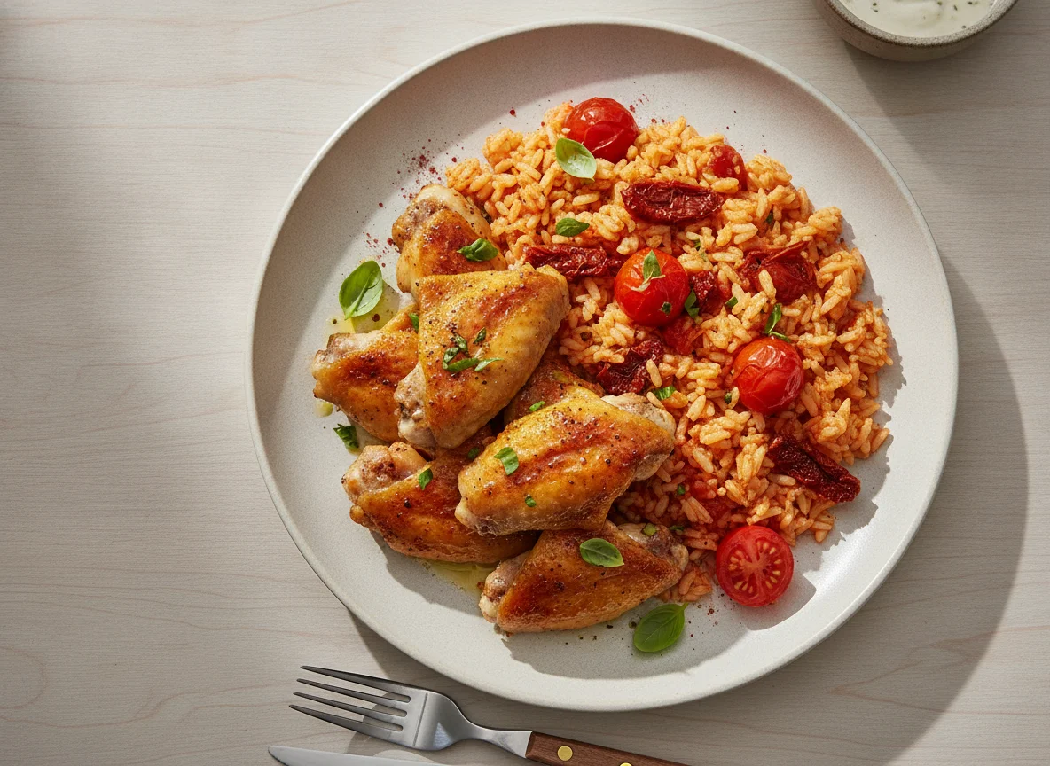 Hähnchenflügel mit Tomatenreis photo