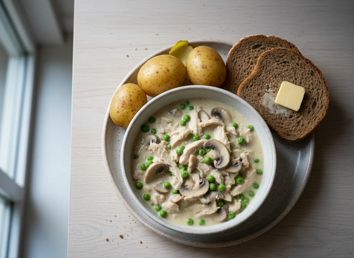 Hähnchenfrikassee mit Kartoffeln und Brot photo