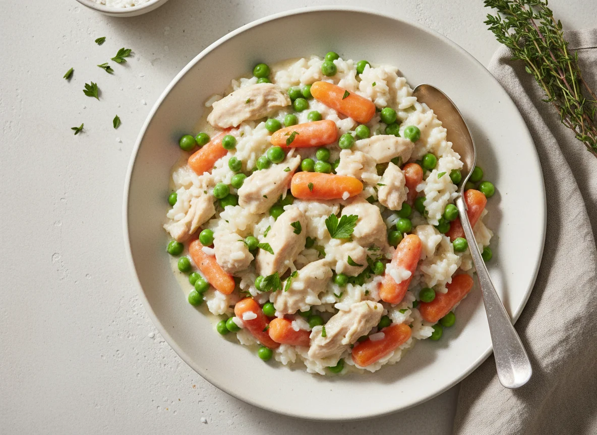 Hähnchenfrikassee mit Reis und Gemüse photo