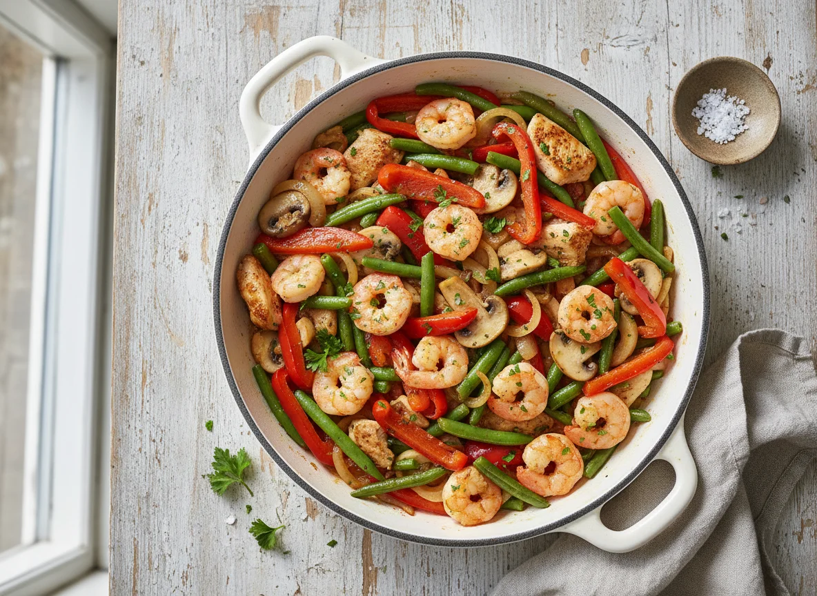 Hähnchen-Garnelen-Pfanne mit Gemüse photo