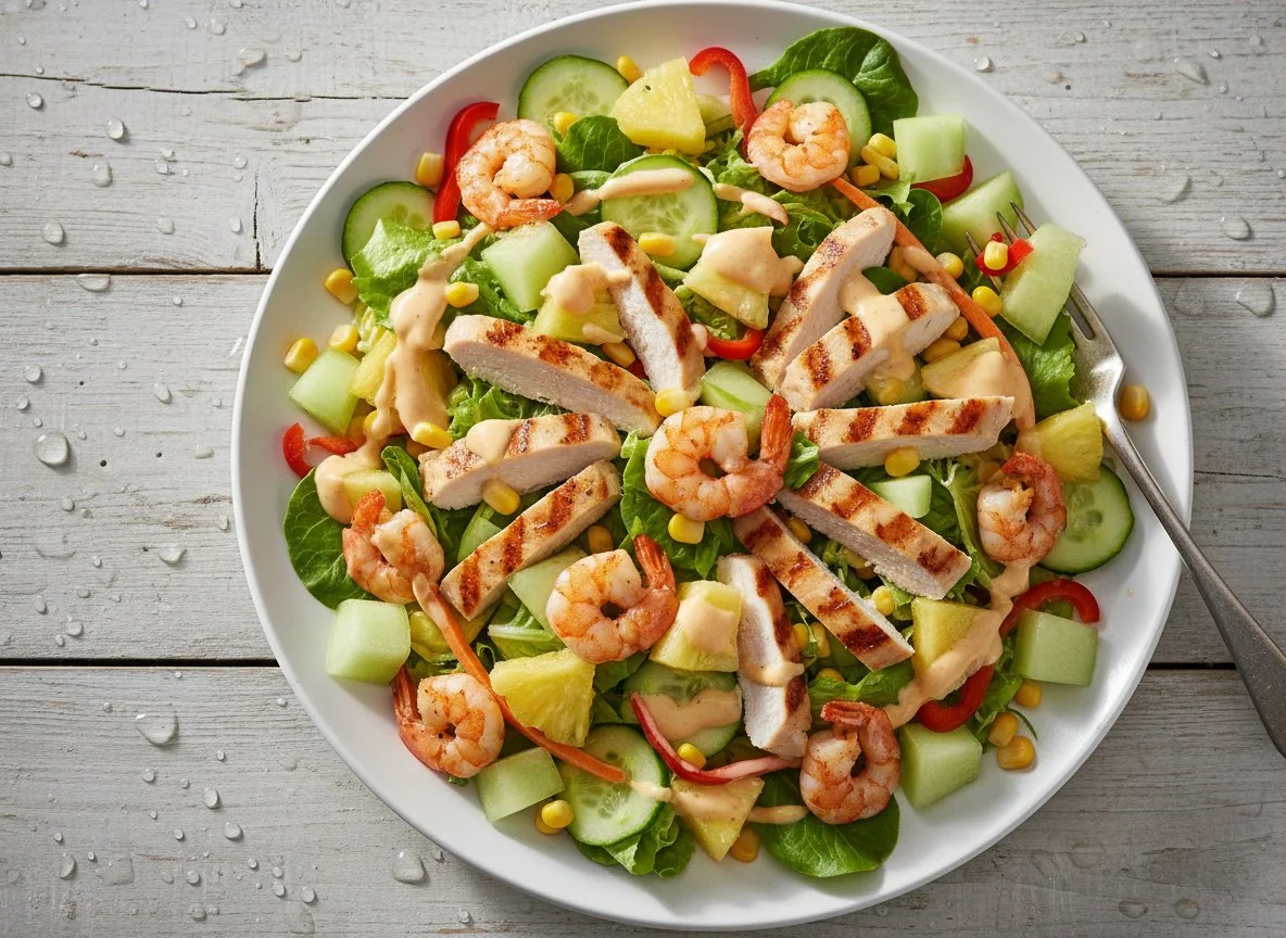 Hähnchen-Garnelen-Salat mit Früchten und Dressing photo