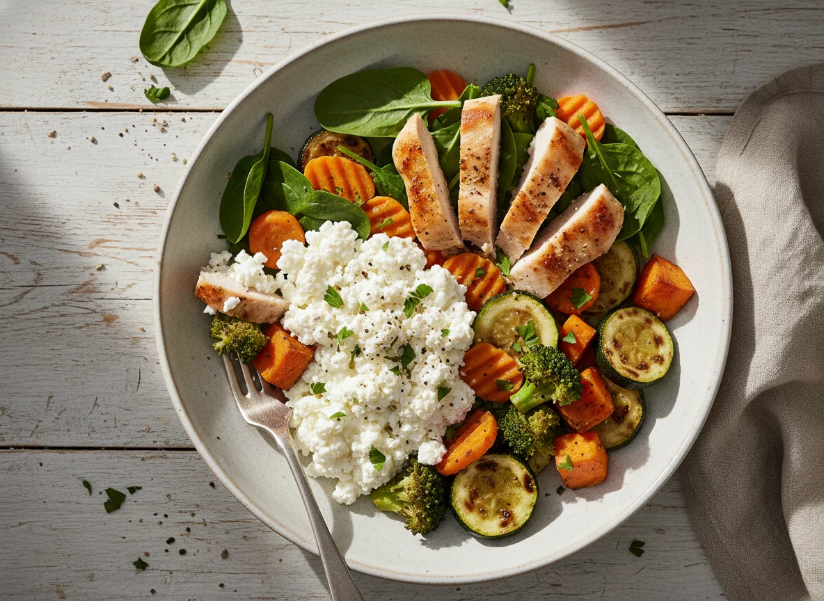 Hähnchen-Gemüse-Bowl mit Hüttenkäse photo