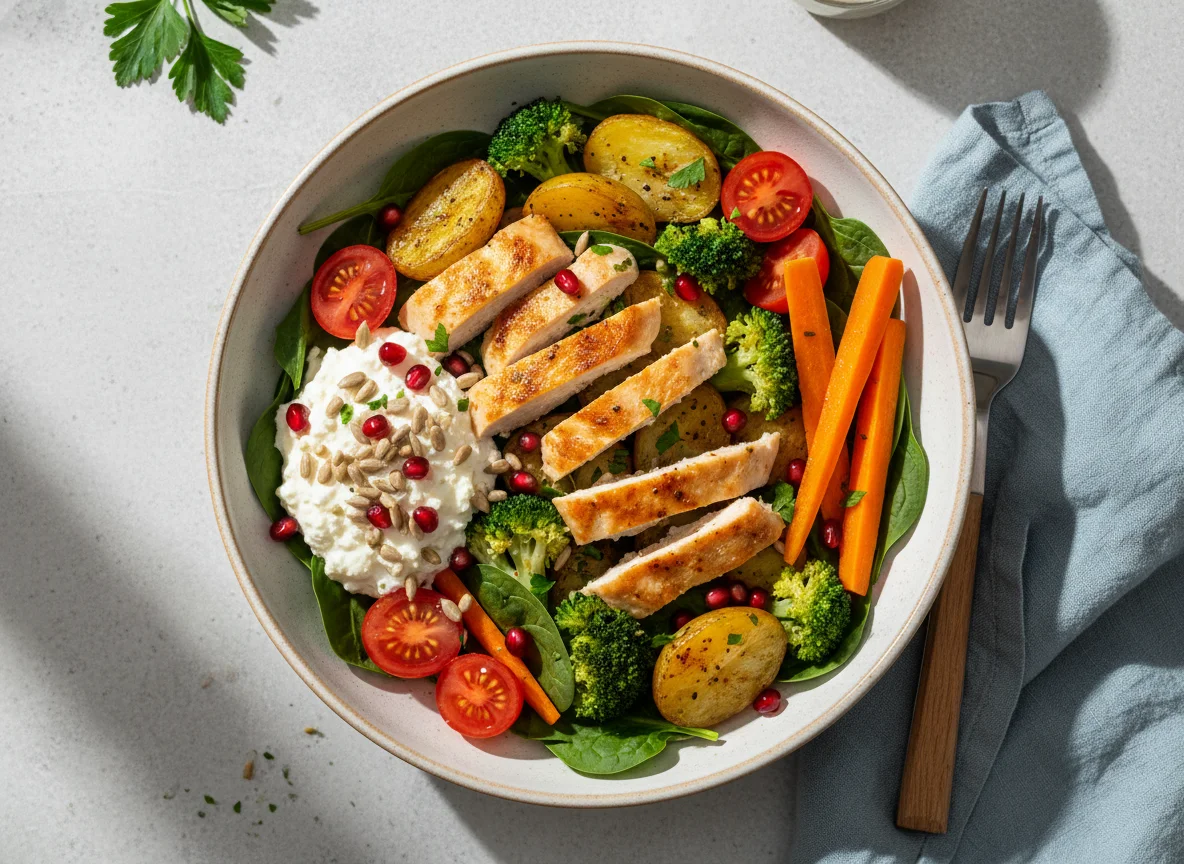Hähnchen-Gemüse-Bowl mit Kartoffeln und Hüttenkäse photo