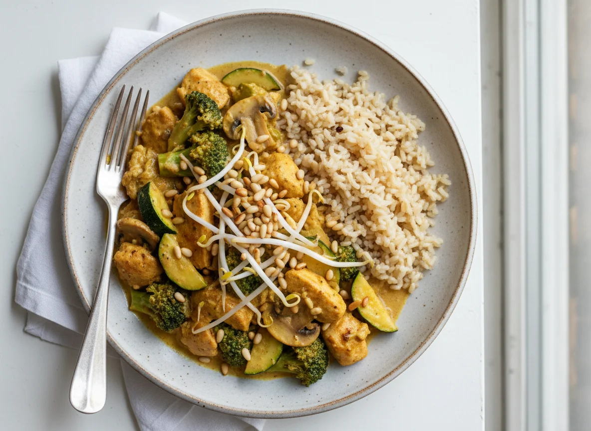 Hähnchen-Gemüse-Curry mit braunem Reis photo