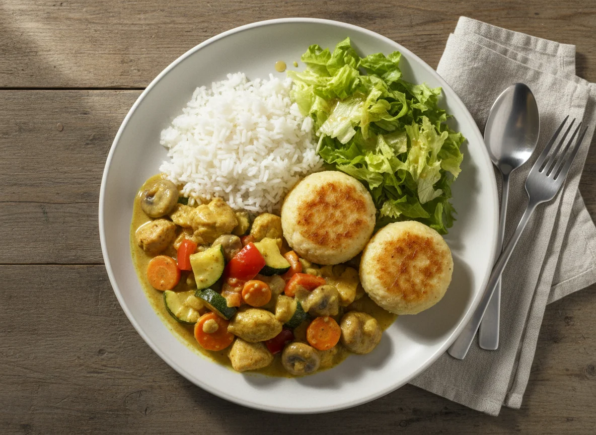 Hähnchen-Gemüse-Curry mit Reis, Kartoffelklößen und Salat photo
