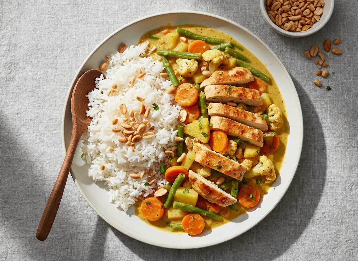 Hähnchen-Gemüse-Curry mit Reis und Erdnüssen photo
