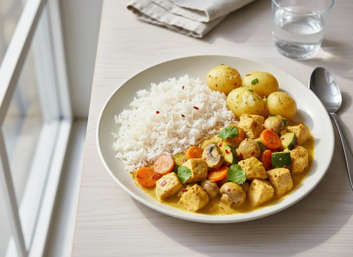 Hähnchen-Gemüse-Curry mit Reis und Kartoffeln photo