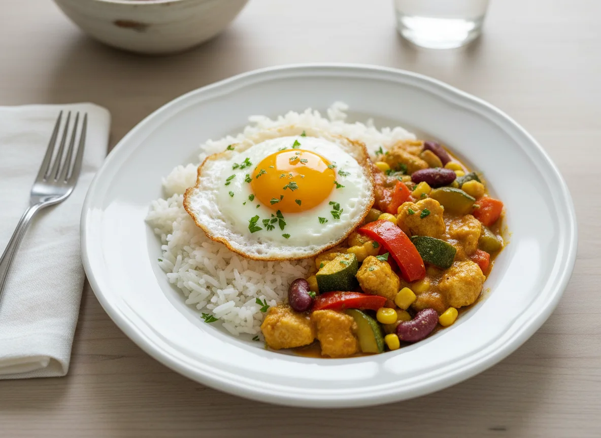 Hähnchen-Gemüse-Curry mit Reis und Spiegelei photo
