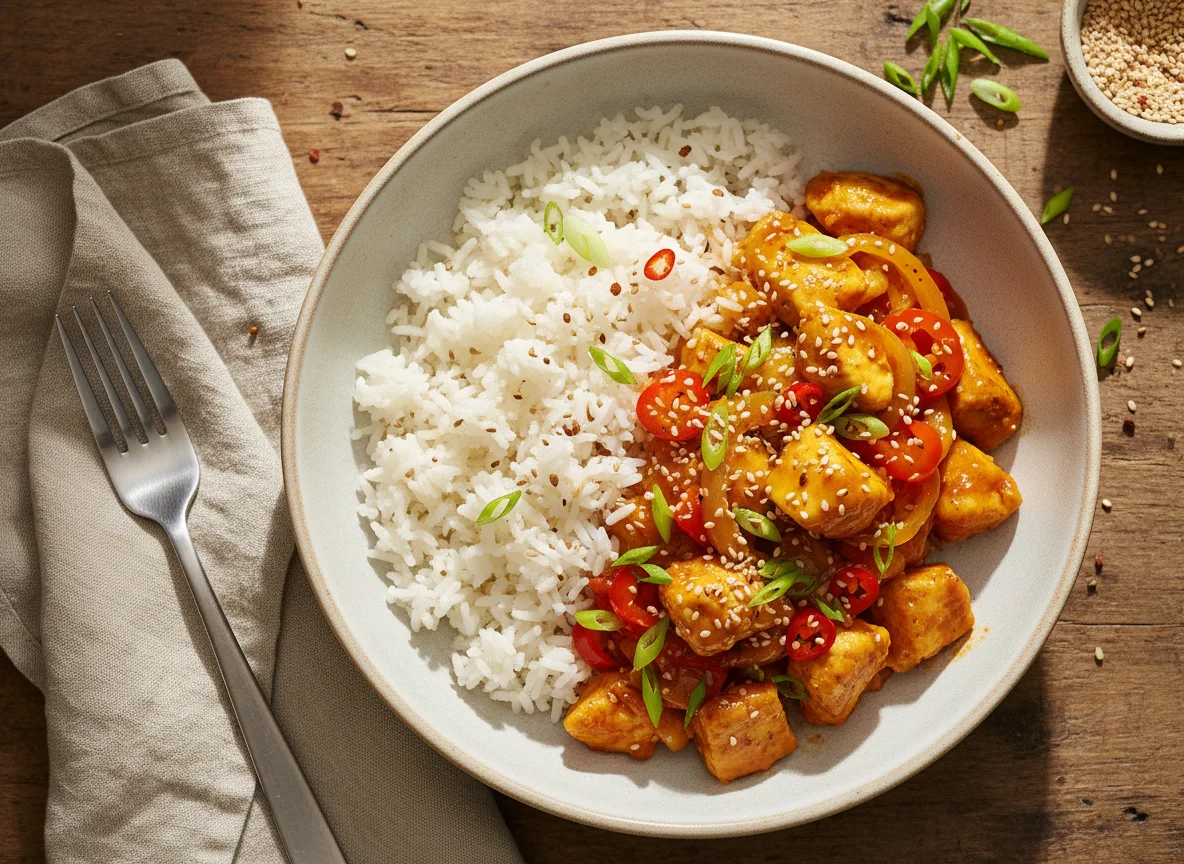 Hähnchen-Gemüse-Curry mit Reis photo