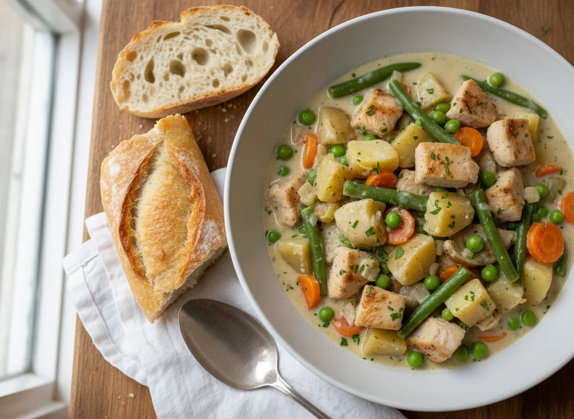 Hähnchen-Gemüse-Eintopf mit Baguette photo