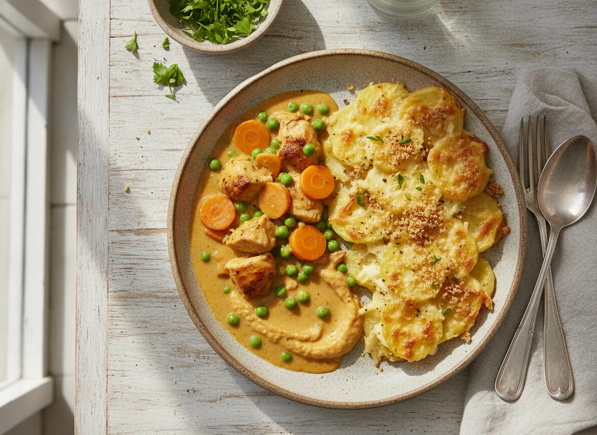 Hähnchen-Gemüse-Eintopf mit Kartoffel-Käse-Gratin photo