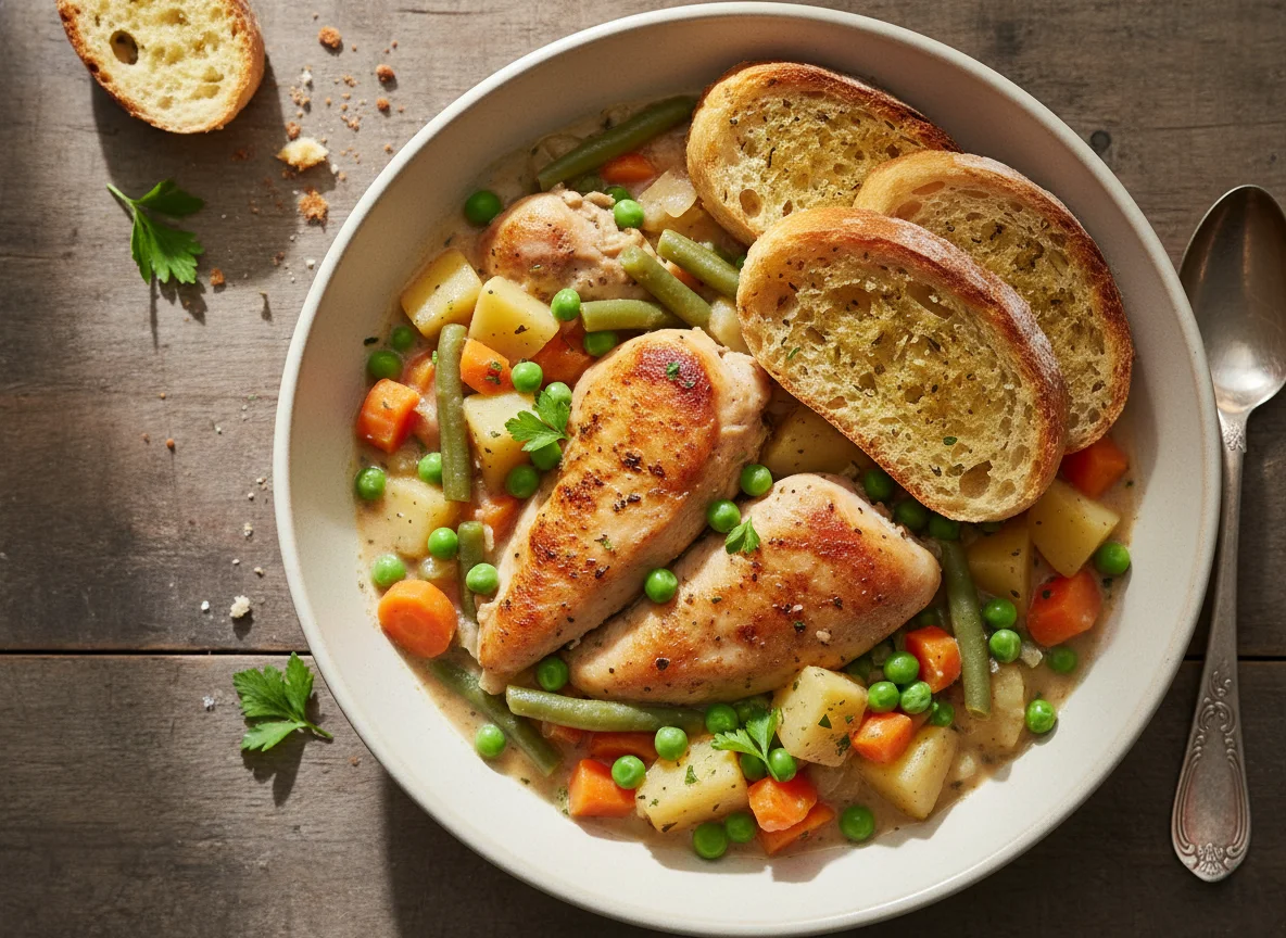Hähnchen-Gemüse-Eintopf mit Knoblauchbrot photo