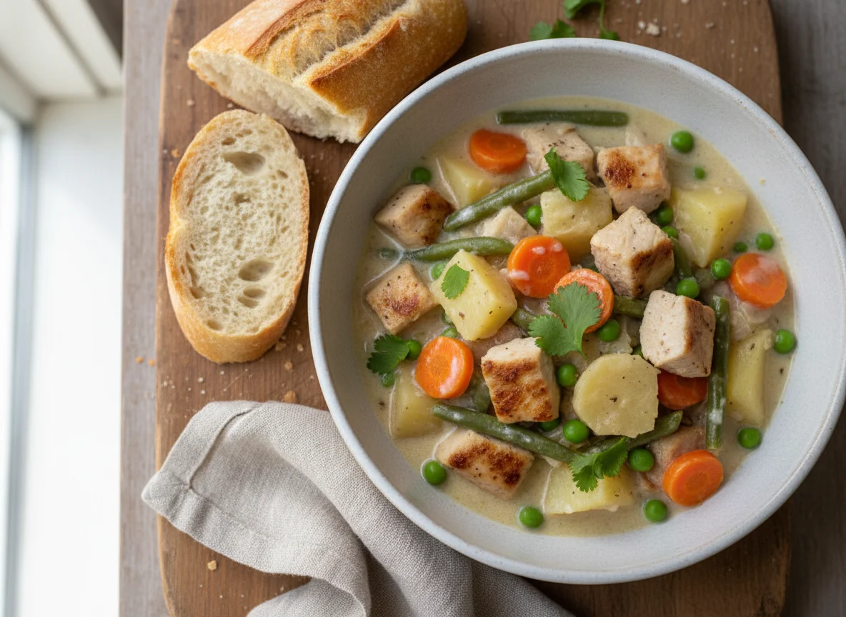 Hähnchen-Gemüse-Eintopf mit Kokosmilch und Baguette photo