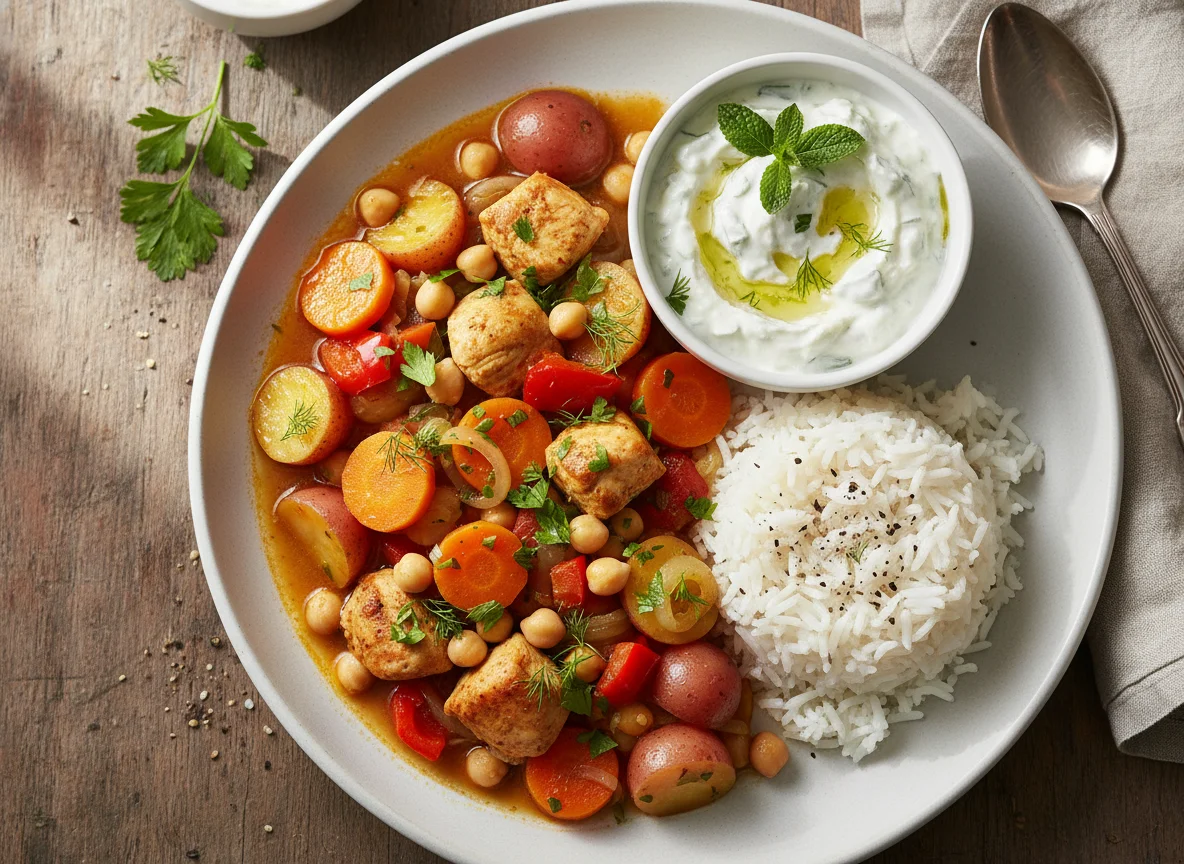 Hähnchen-Gemüse-Eintopf mit Reis und Tzatziki photo