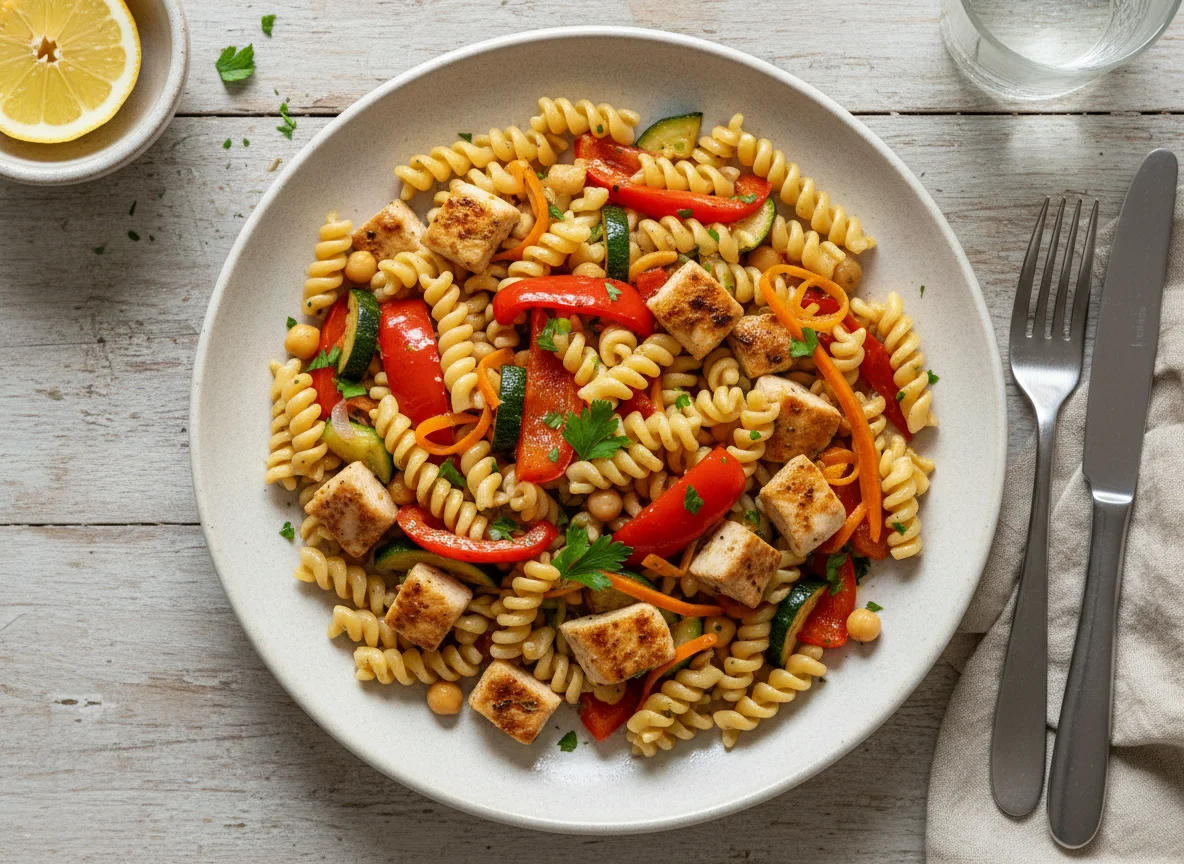 Hähnchen-Gemüse-Kichererbsen-Fusilli photo