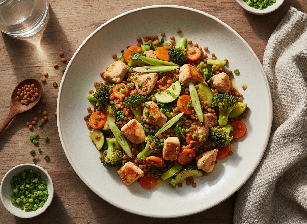 Hähnchen-Gemüse-Linsen-Pfanne photo