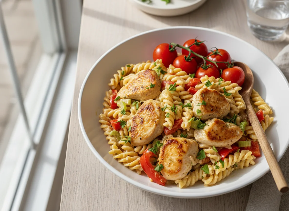 Hähnchen-Gemüse-Pasta in cremiger Soße photo