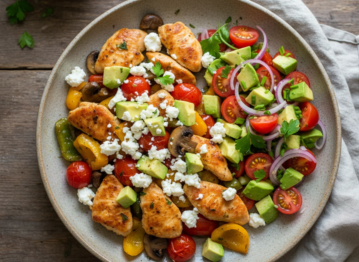Hähnchen-Gemüse-Pfanne mit Avocado und Tomatensalat photo