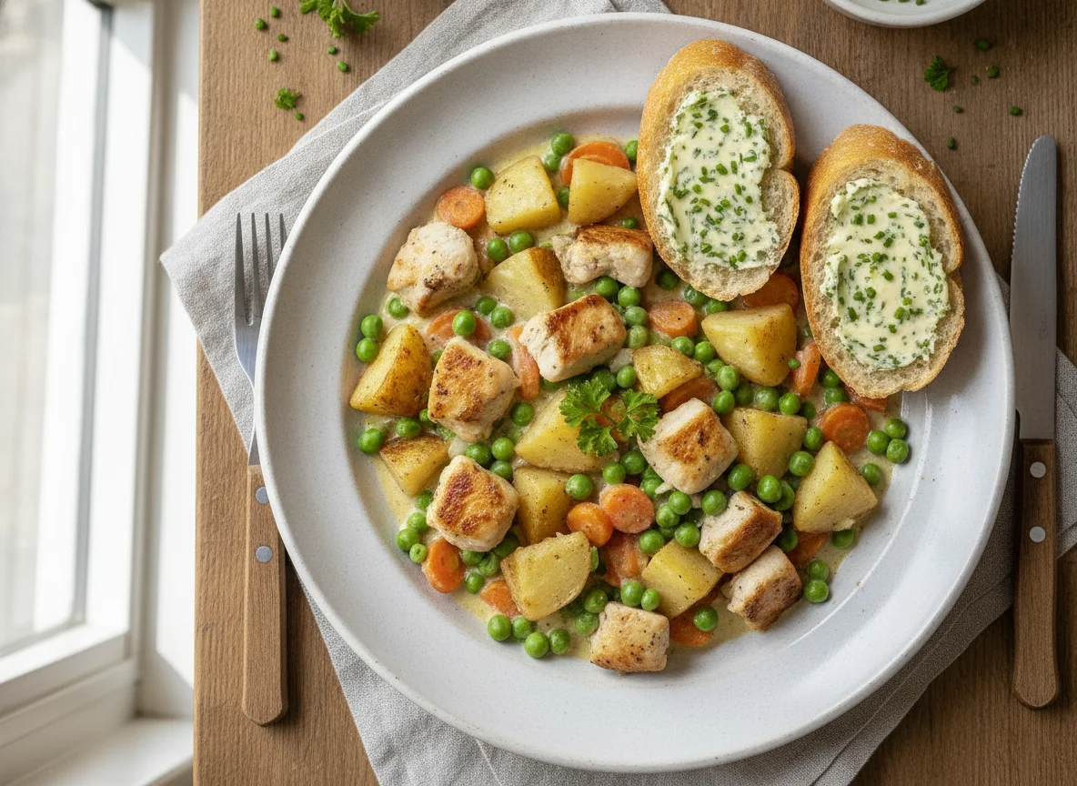 Hähnchen-Gemüse-Pfanne mit Baguette photo