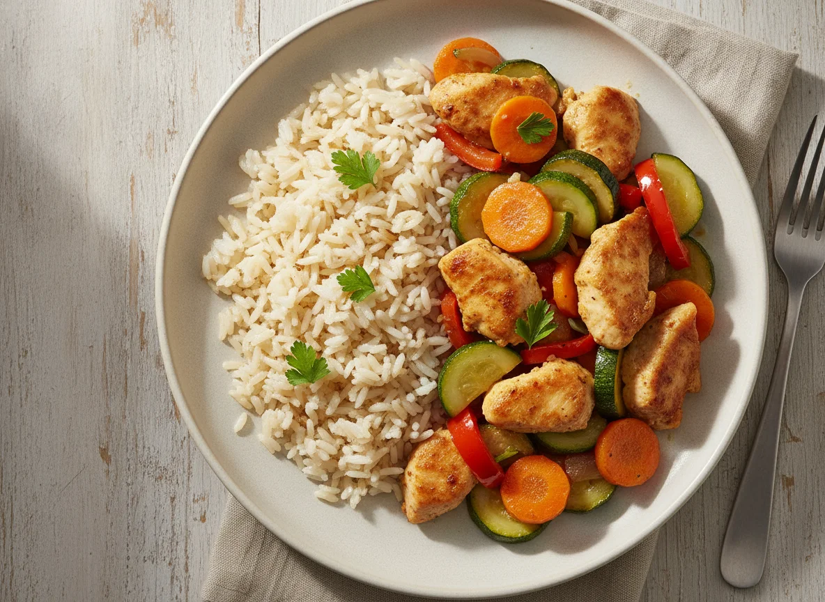 Hähnchen-Gemüse-Pfanne mit Basmati-Reis photo