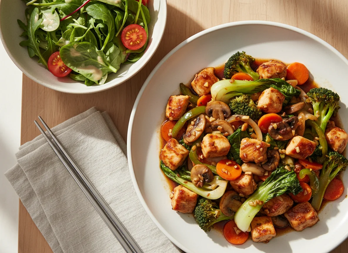 Hähnchen-Gemüse-Pfanne mit Beilagensalat photo