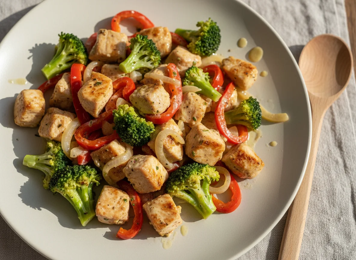 Hähnchen-Gemüse-Pfanne mit Brokkoli und Paprika photo