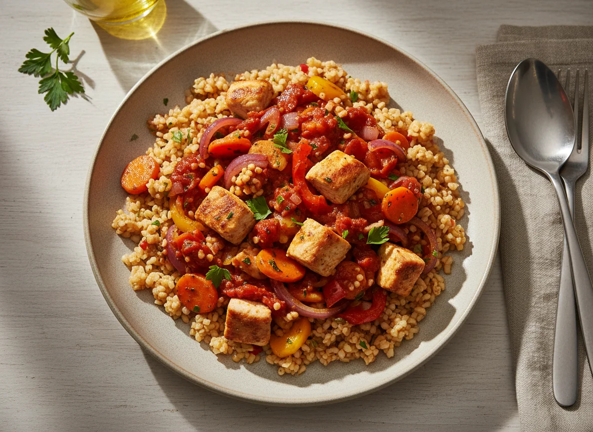 Hähnchen-Gemüse-Pfanne mit Bulgur photo