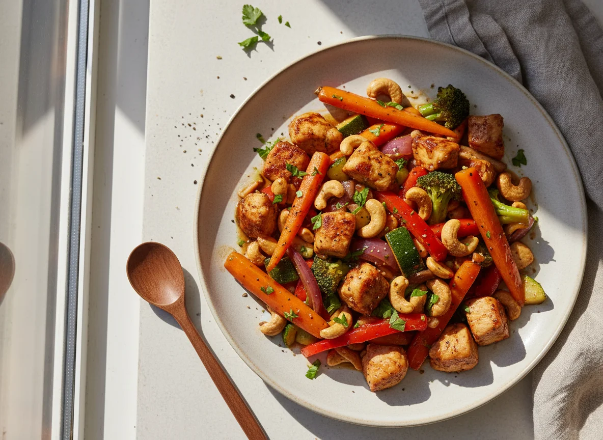 Hähnchen-Gemüse-Pfanne mit Cashewkernen photo