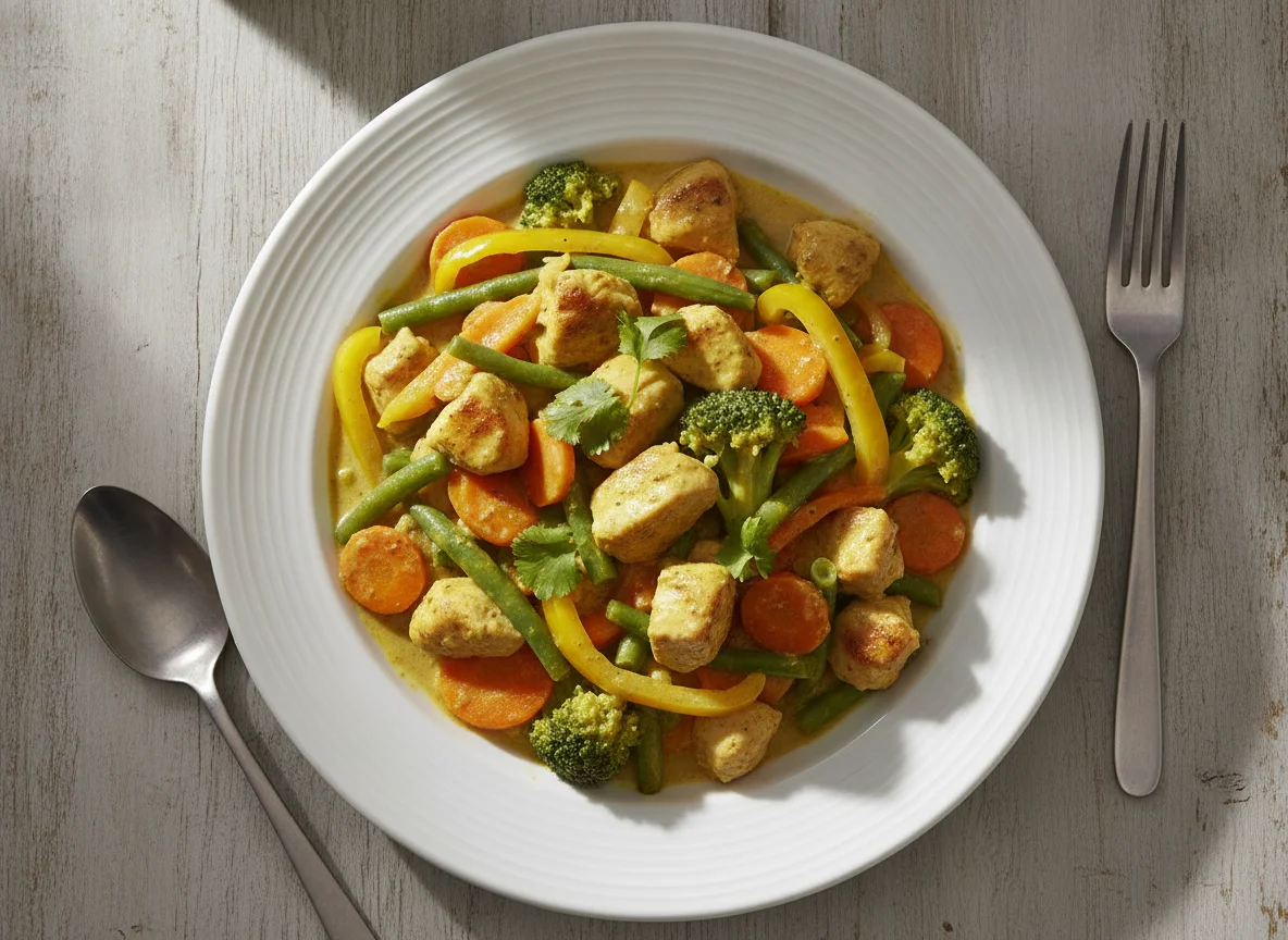 Hähnchen-Gemüse-Pfanne mit Curry-Sauce photo