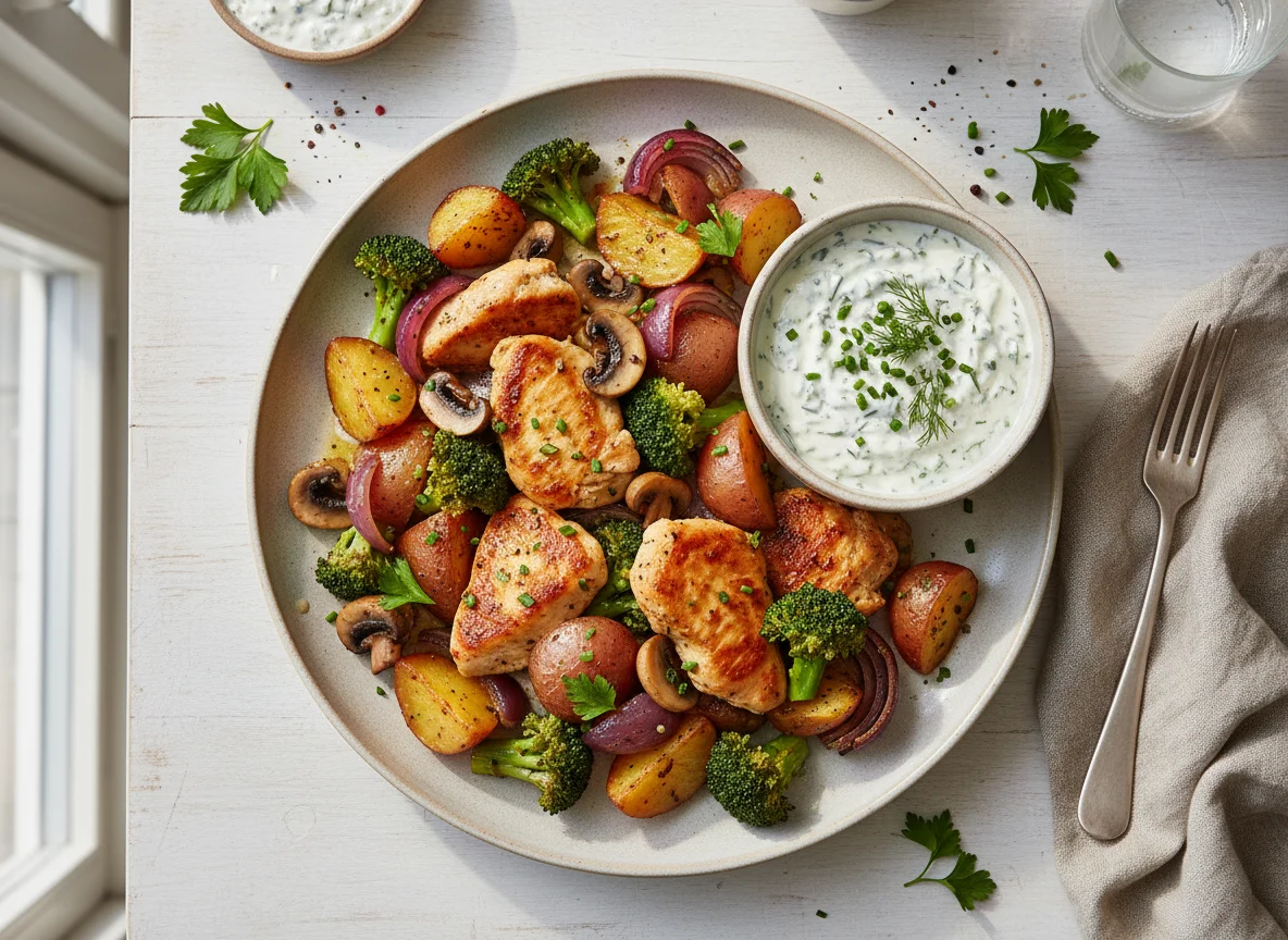 Hähnchen-Gemüse-Pfanne mit Dip photo