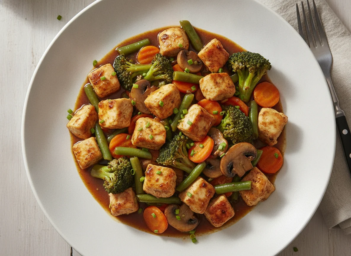 Hähnchen-Gemüse-Pfanne mit dunkler Sauce photo