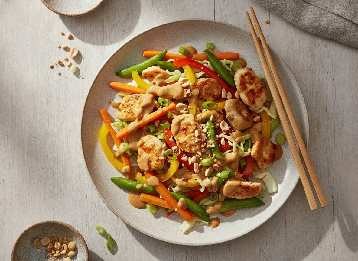 Hähnchen-Gemüse-Pfanne mit Erdnusssauce photo