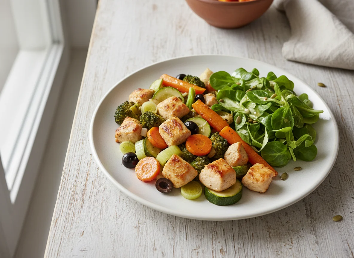 Hähnchen-Gemüse-Pfanne mit Feldsalat photo