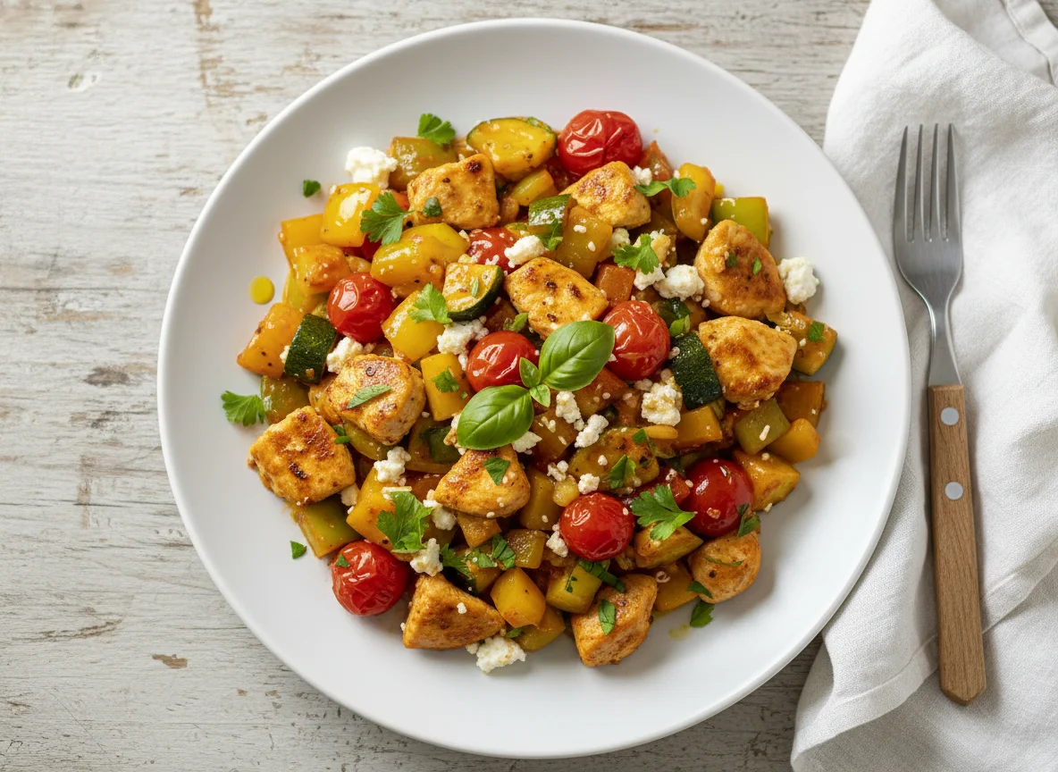 Hähnchen-Gemüse-Pfanne mit Feta photo