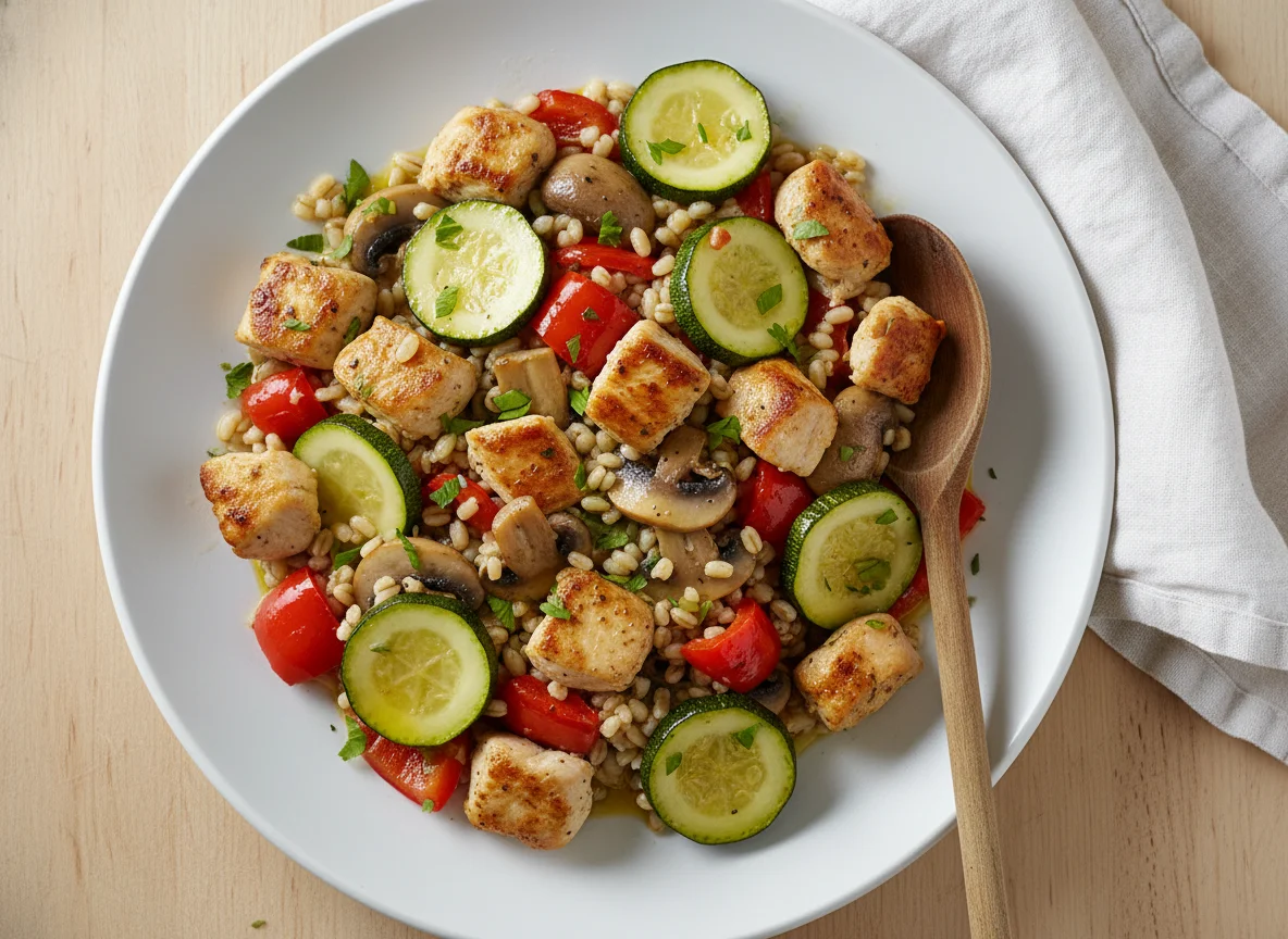 Hähnchen-Gemüse-Pfanne mit Gerste photo