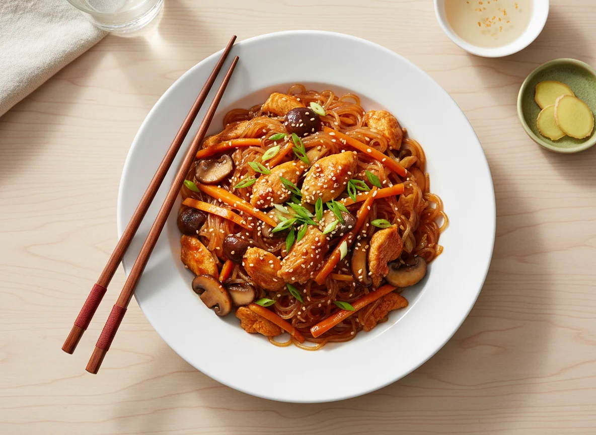 Hähnchen-Gemüse-Pfanne mit Glasnudeln photo