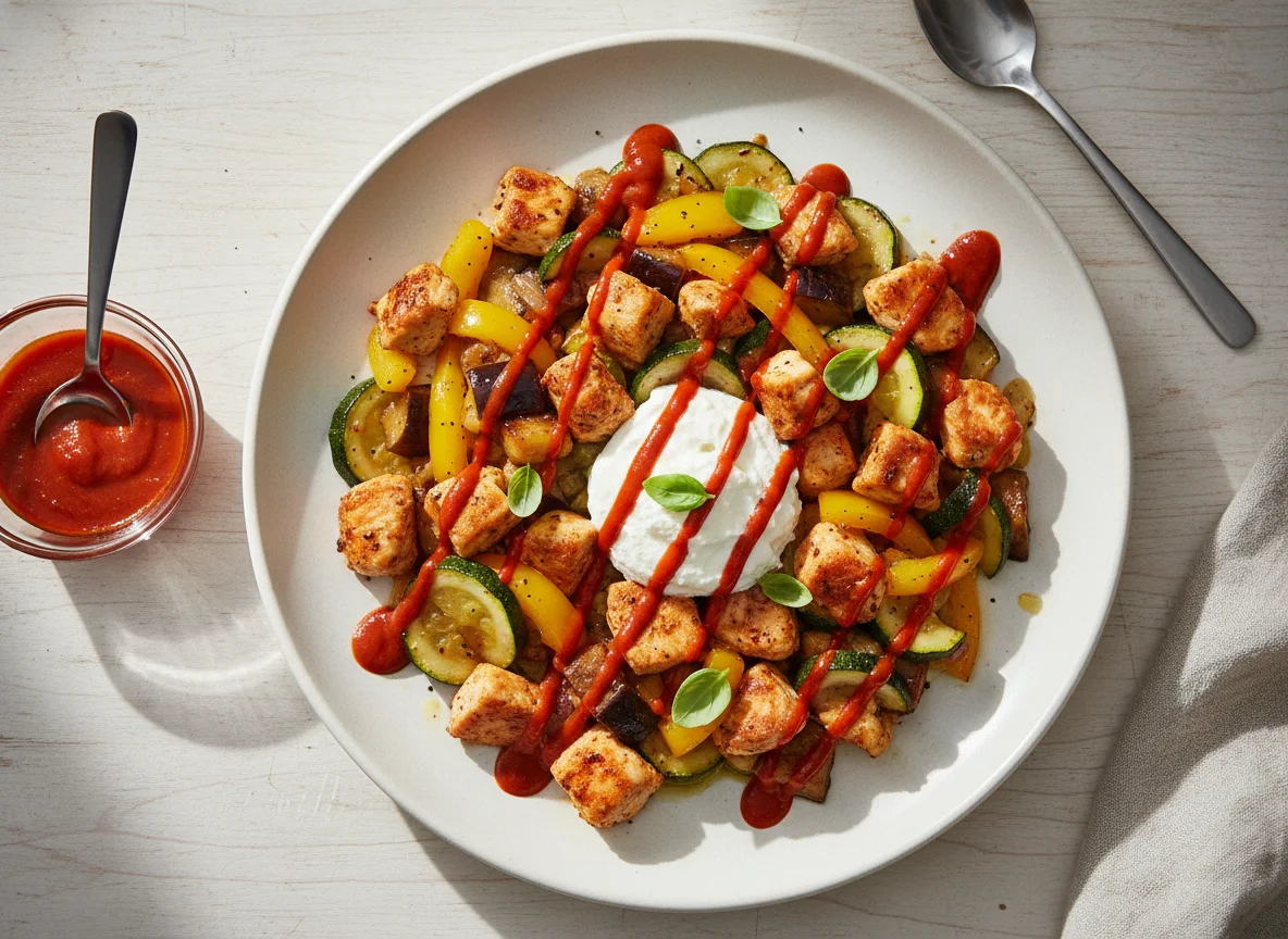 Hähnchen-Gemüse-Pfanne mit Hüttenkäse und Sriracha photo