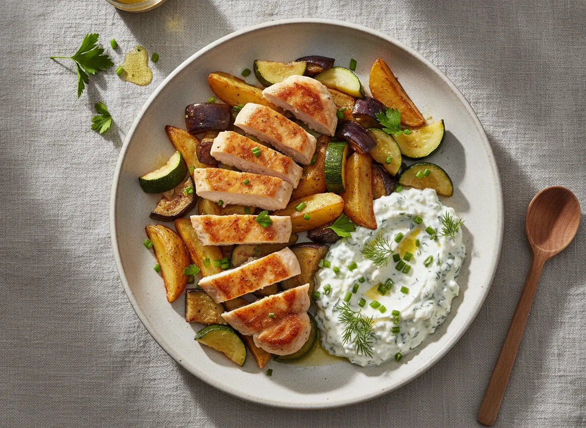 Hähnchen-Gemüse-Pfanne mit Kartoffeln und Kräuterquark photo