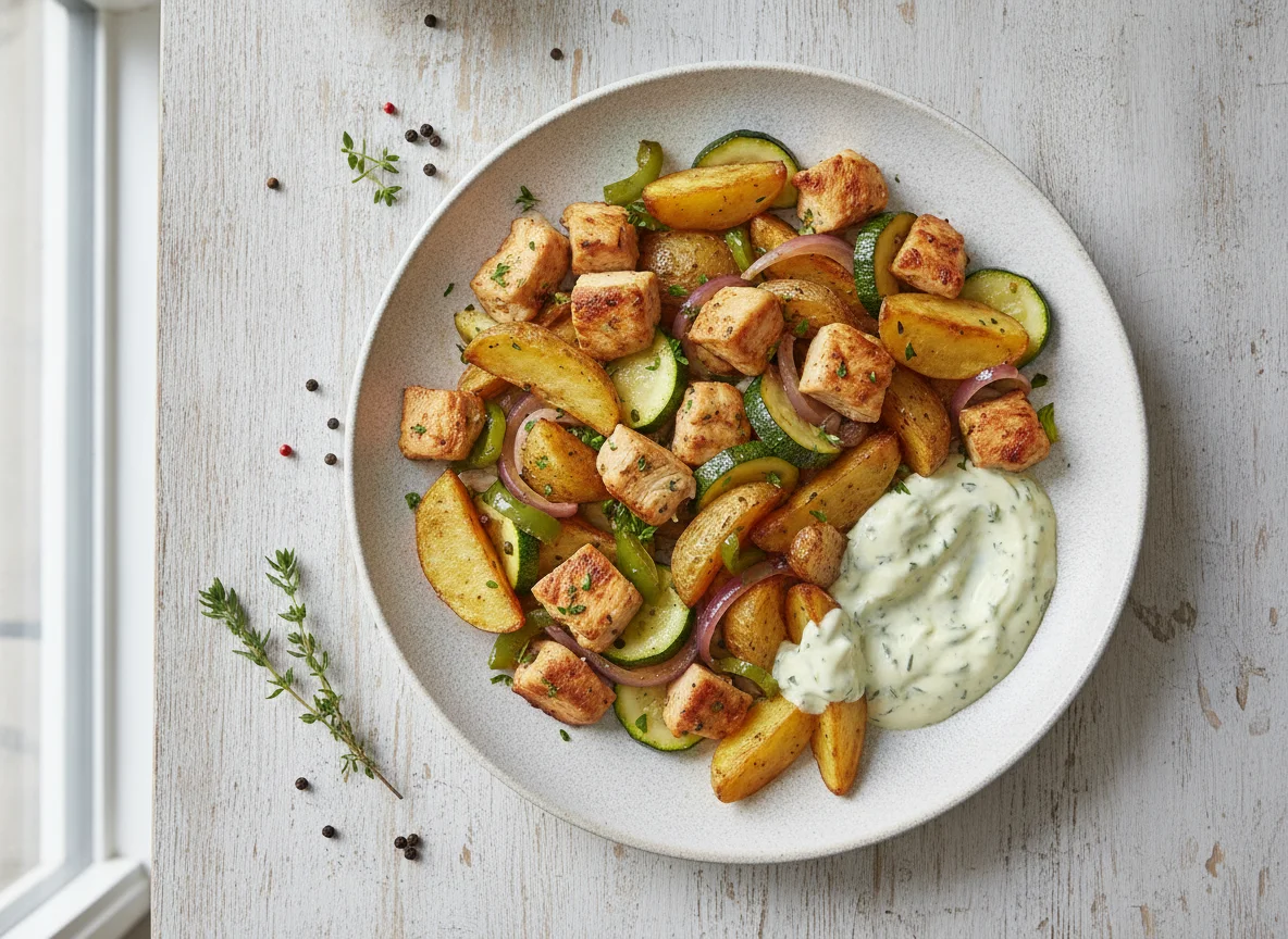 Hähnchen-Gemüse-Pfanne mit Kartoffeln und Remoulade photo